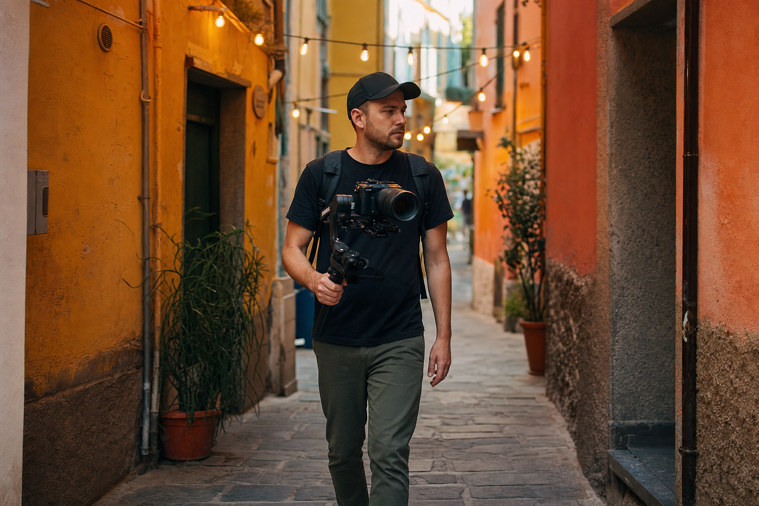 Videomaker riprende un evento nel borgo antico di Imperia con gimbal