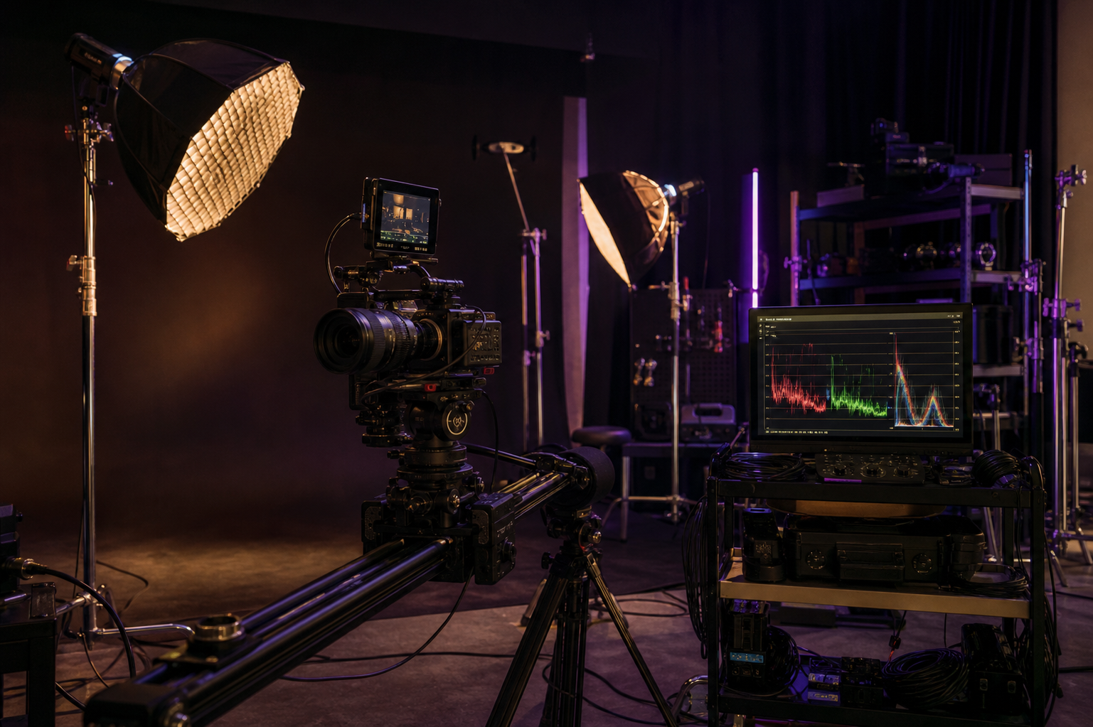Sala montaggio video con monitor di color grading e rig su slider